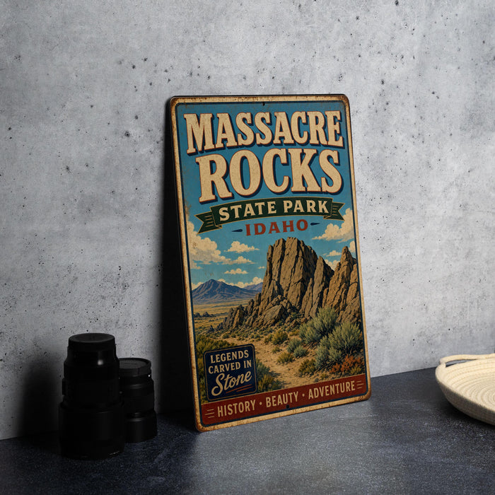 A vintage metal sign for Massacre Rocks State Park in Idaho, featuring a scenic illustration of the park's landscape.