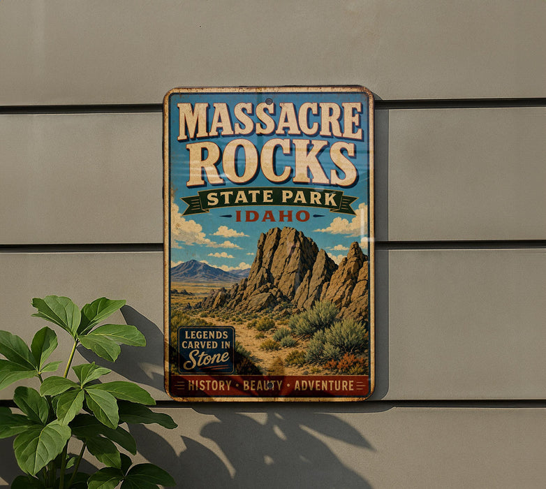 A vintage-style metal sign for Massacre Rocks State Park in Idaho, featuring a scenic mountain landscape.