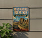 A vintage-style metal sign for Massacre Rocks State Park in Idaho, featuring a scenic mountain landscape.