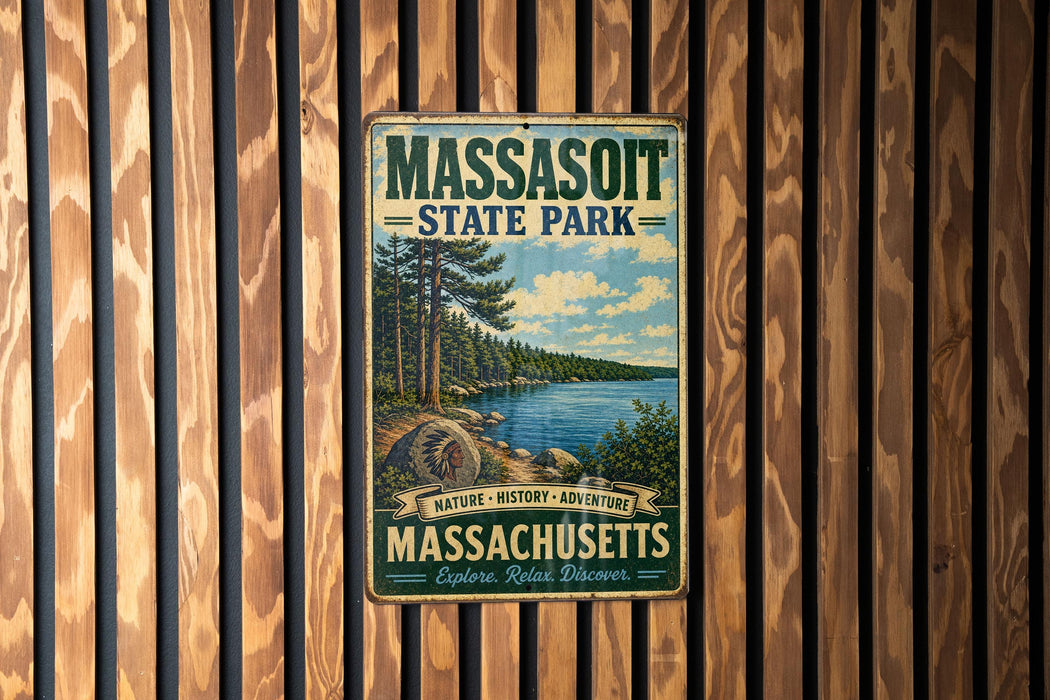 A vintage metal sign for Massasoit State Park, featuring a scenic landscape with pine trees, a lake, and mountains.