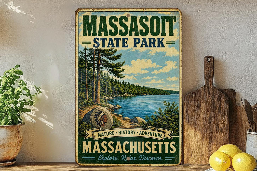A vintage-style metal sign for Massachusetts State Park, featuring a scenic landscape with pine trees, a lake, and mountains.
