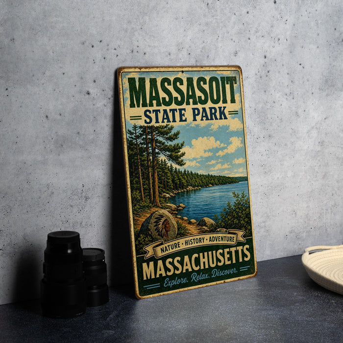 A vintage metal sign for Massachusetts State Park, featuring a scenic landscape with pine trees, a lake, and mountains.
