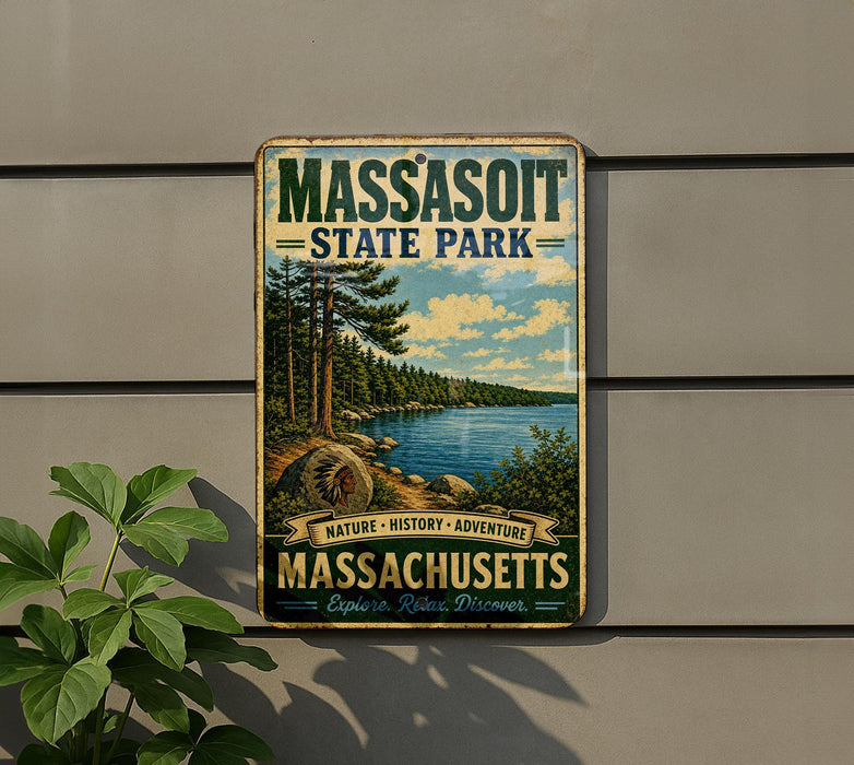 A vintage metal sign for Massachusetts State Park, featuring a scenic landscape with pine trees, a lake, and mountains.