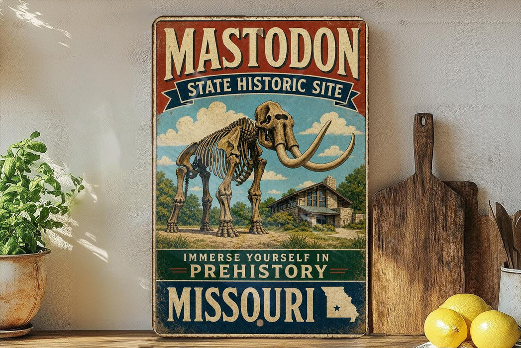 A vintage-style sign for the Mastodon State Historic Site in Missouri, featuring an illustration of a skeleton of a woolly mammoth and a wooden paddle.