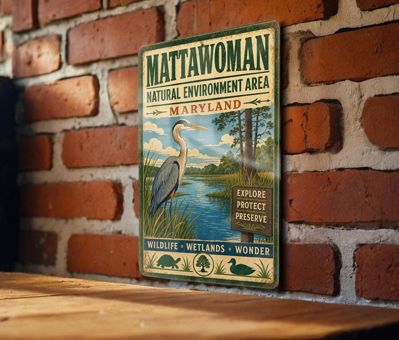A vintage-style metal sign for the Mattawoman Natural Environment Area in Maryland, featuring an illustration of a heron and a river.