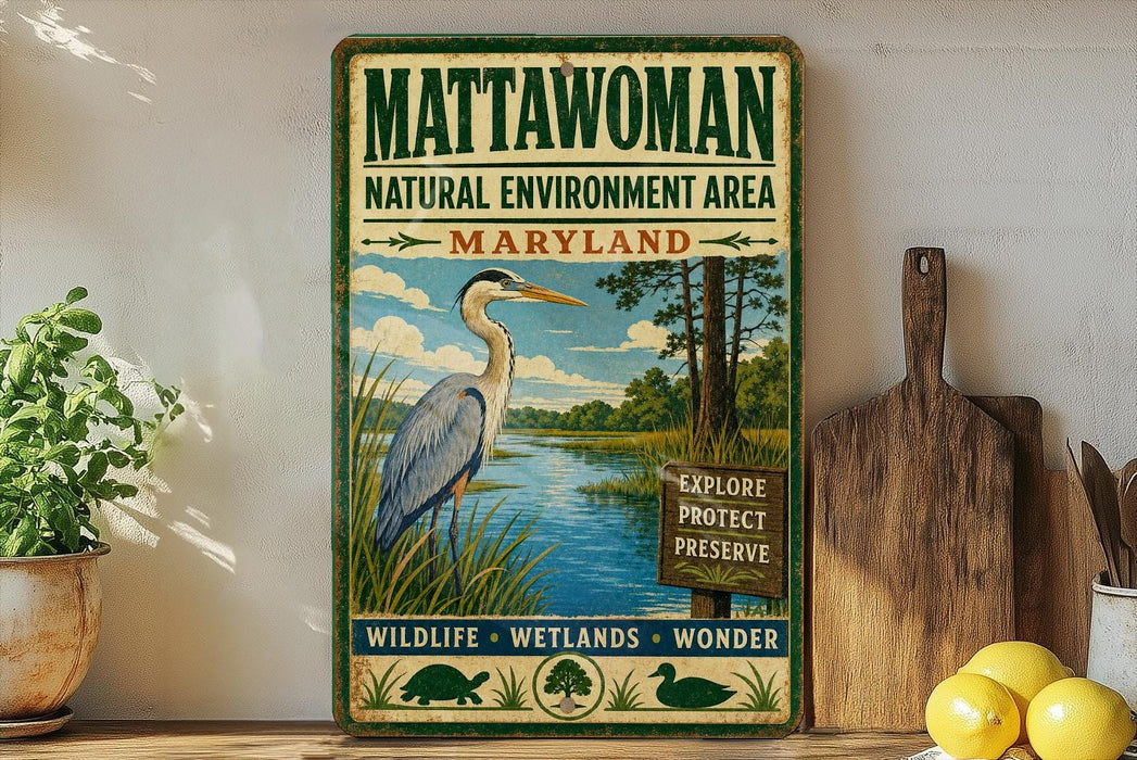 A vintage-style metal sign for the Mattawoman Natural Environment Area in Maryland, featuring an illustration of a heron and a scenic landscape.