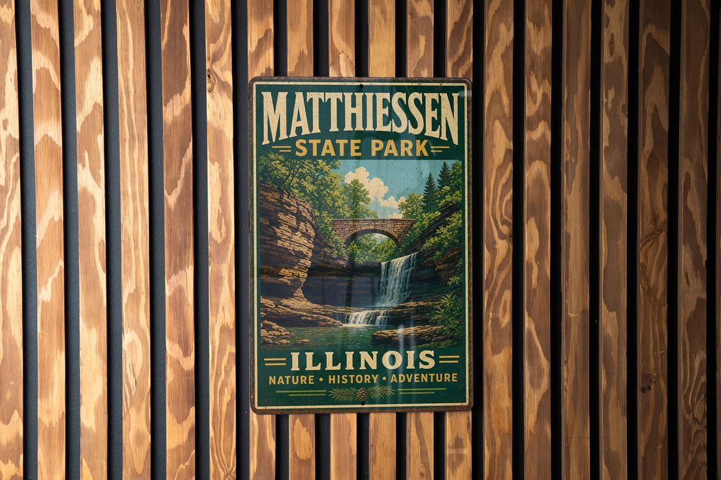 A vintage metal sign for Matthiessen State Park in Illinois, featuring a scenic image of a waterfall surrounded by lush greenery.