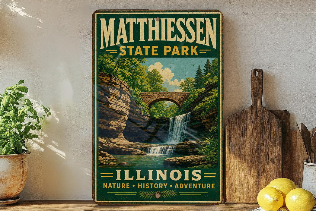 A vintage-style poster of Matthiessen State Park in Illinois, featuring a scenic waterfall surrounded by lush greenery.