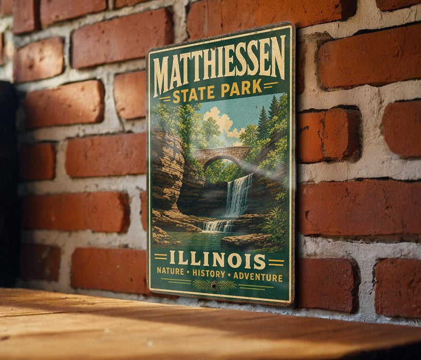 A vintage metal sign for Matthiessen State Park in Illinois, featuring a scenic image of a waterfall and a bridge.