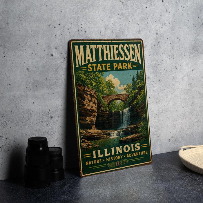 A vintage-style metal sign for Matthiessen State Park in Illinois, featuring a scenic image of a waterfall and forest.