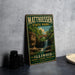 A vintage-style metal sign for Matthiessen State Park in Illinois, featuring a scenic image of a waterfall and forest.
