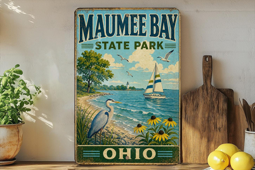a vintage-style sign for Mauhee Bay State Park in Ohio, with a scenic illustration of a lake, sailboat, and birds.