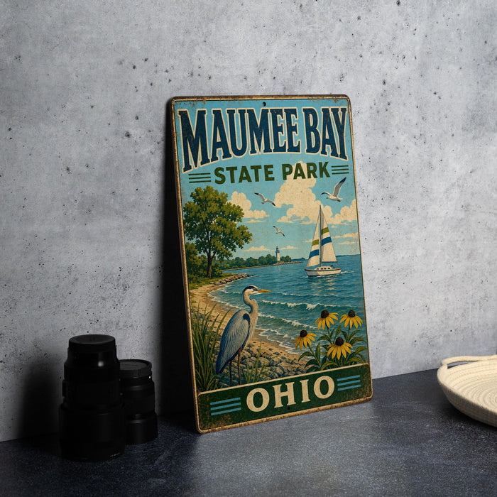 A vintage-style metal sign for Mauhee Bay State Park in Ohio, featuring a scenic illustration of a beach, sailboat, and birds.