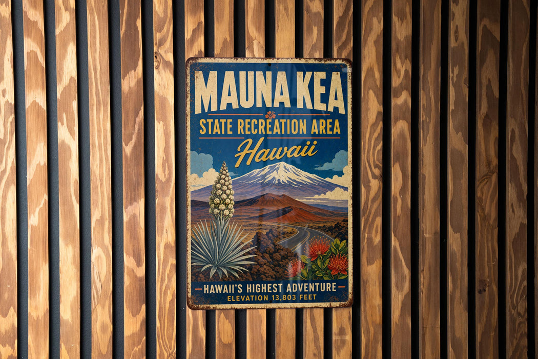 A vintage metal sign for the Mauna Kea State Recreation Area in Hawaii, featuring a mountain landscape and tropical vegetation.