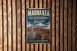 A vintage metal sign for the Mauna Kea State Recreation Area in Hawaii, featuring a mountain landscape and tropical vegetation.