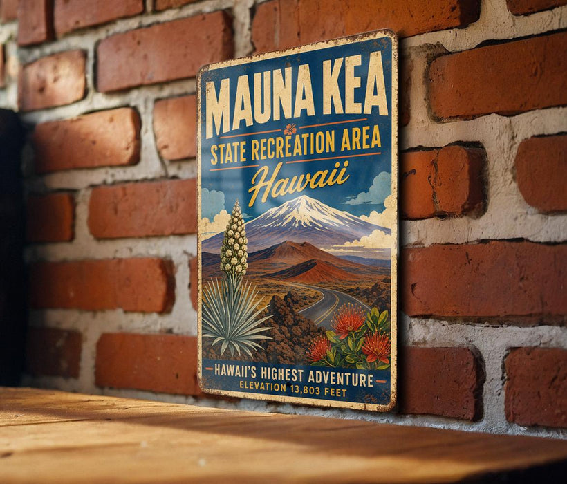 A vintage metal sign for the Mauna Kea State Recreation Area in Hawaii, featuring a mountain landscape with a pine tree and a road.