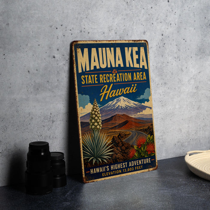 A vintage-style metal sign for the Mauna Kea State Recreation Area in Hawaii, featuring a mountain landscape and text promoting the area as the "Hawaii's highest adventure".