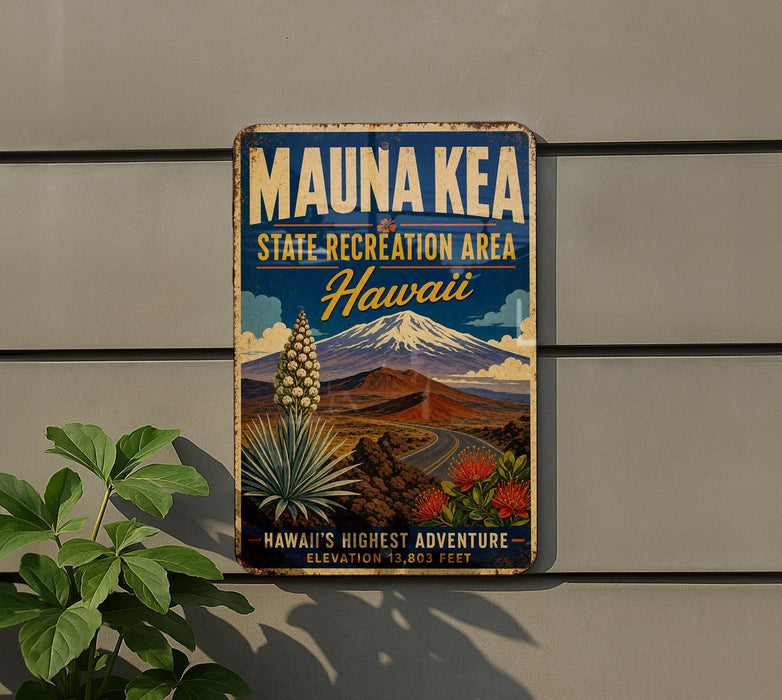 A vintage metal sign for Mauna Kea State Recreation Area in Hawaii, featuring a mountain landscape with a pine tree and other tropical plants.