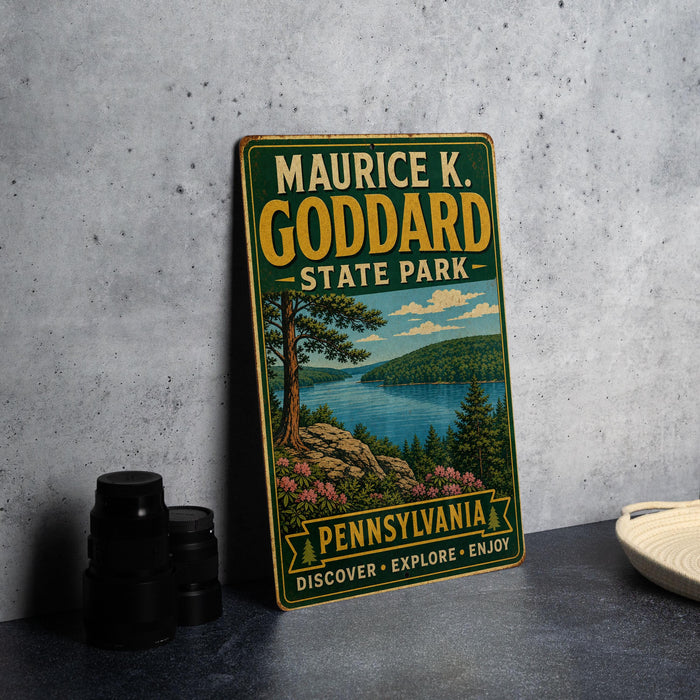 A vintage-style metal sign for Murry K. Godard State Park in Pennsylvania, featuring a scenic landscape with a lake, mountains, and trees.