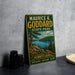 A vintage-style metal sign for Murry K. Godard State Park in Pennsylvania, featuring a scenic landscape with a lake, mountains, and trees.