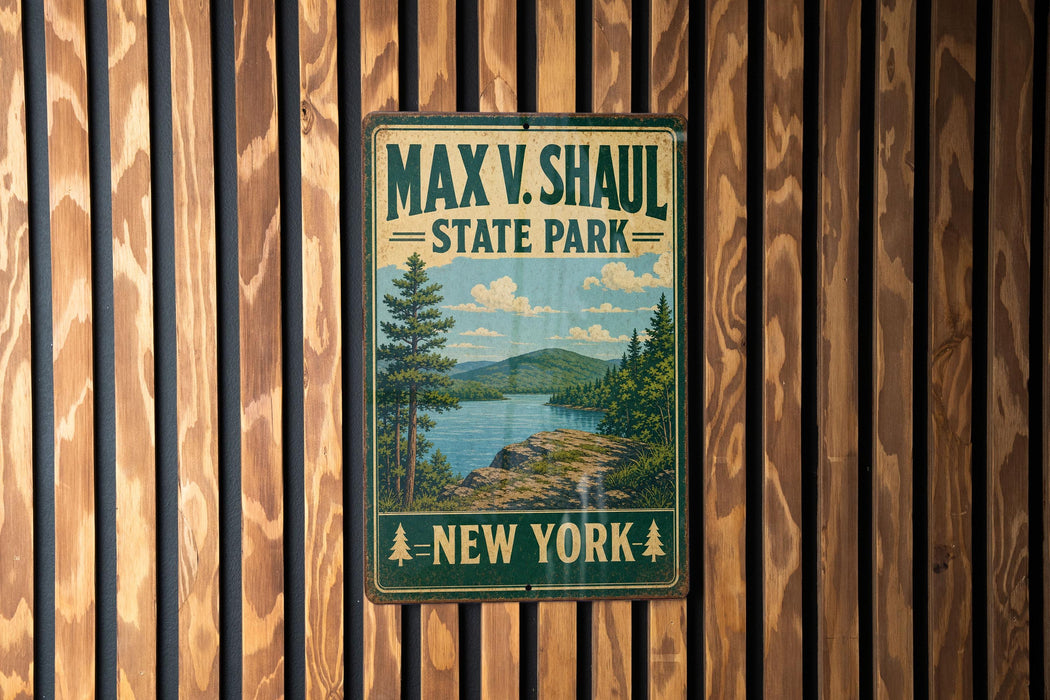 A vintage metal sign for Max V. Shaul State Park in New York, featuring a scenic landscape with a lake and mountains.