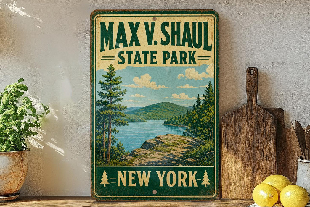 A vintage-style sign for Max V. Shaul State Park in New York, featuring a scenic landscape with a lake and mountains.