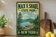 A vintage-style sign for Max V. Shaul State Park in New York, featuring a scenic landscape with a lake and mountains.
