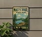 A vintage-style metal sign for Max V. Shaul State Park in New York, featuring a scenic landscape with pine trees, a lake, and mountains.