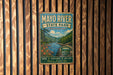 A vintage metal sign for Mayo River State Park in North Carolina, featuring a scenic illustration of the river surrounded by lush greenery.