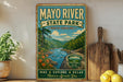 A vintage-style metal sign for Mayo River State Park in North Carolina, featuring a scenic illustration of the river surrounded by lush greenery and mountains.