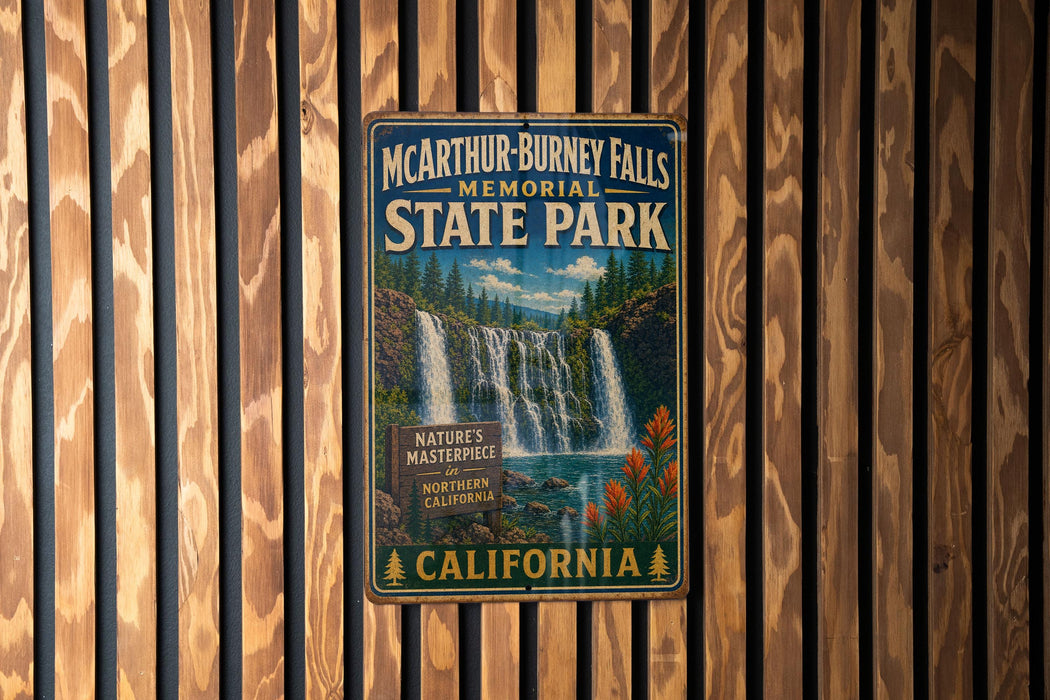 A vintage-style metal sign for the Arthur Burney Falls Memorial State Park in California, featuring a waterfall and lush greenery.