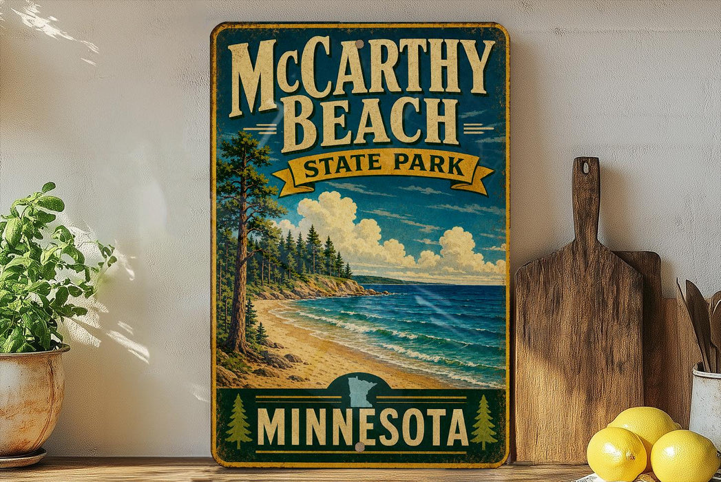 A vintage-style sign for McCarthy Beach State Park in Minnesota, featuring a scenic beach landscape with pine trees and a body of water.
