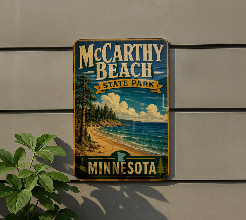 A vintage-style metal sign for McCarthy Beach State Park in Minnesota, featuring a scenic landscape with a beach, pine trees, and a lake.