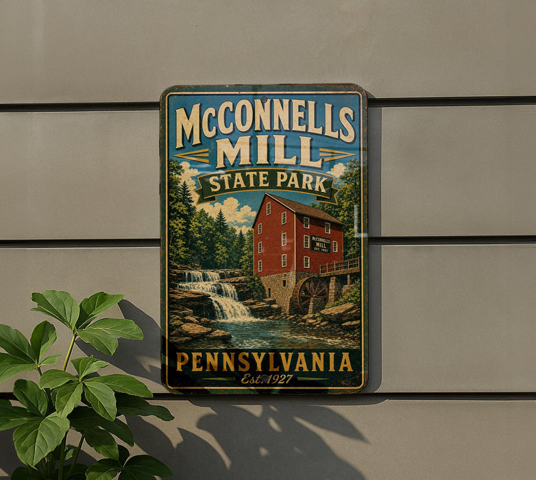 A vintage-style metal sign for McConnells Mill State Park in Pennsylvania, featuring a red brick building and a waterfall.