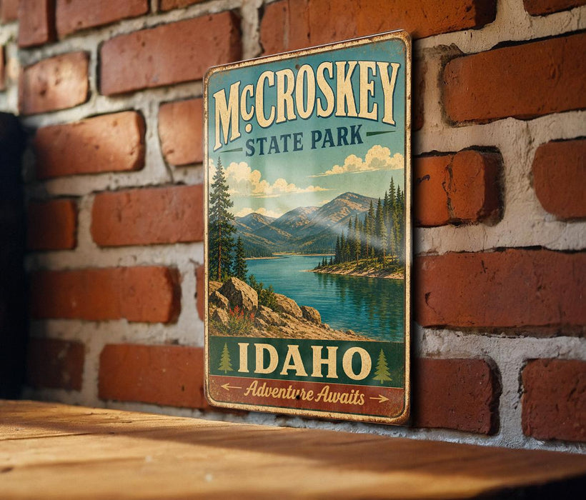 A vintage-style metal sign for McCroskey State Park in Idaho, featuring a scenic mountain landscape and a lake.