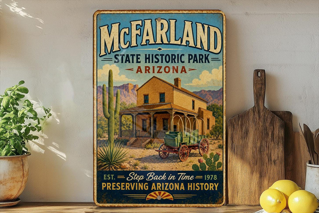 a vintage-style sign for McFarland State Historic Park in Arizona, with a wooden signboard and a wooden cutting board in the foreground.