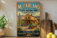 a vintage-style sign for McFarland State Historic Park in Arizona, with a wooden signboard and a wooden cutting board in the foreground.