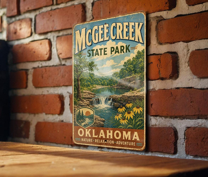 A vintage-style metal sign for McGhee Creek State Park in Oklahoma, featuring a scenic landscape with a waterfall and flowers.