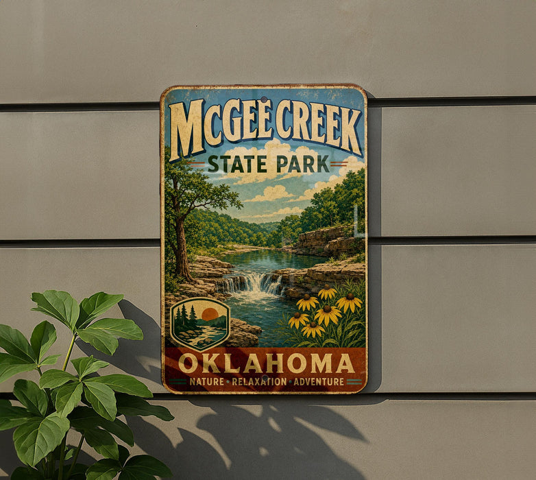 A vintage-style metal sign for McGhee Creek State Park in Oklahoma, featuring a scenic landscape with a waterfall and flowers.