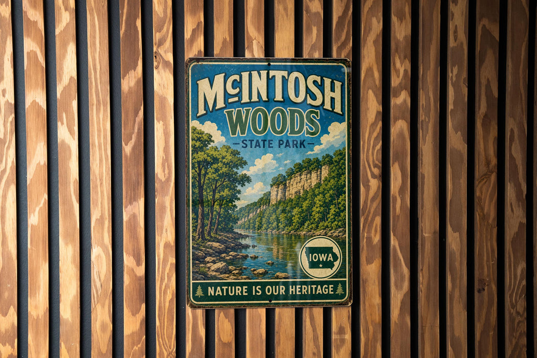 A vintage-style metal sign for Mcintosh Woods State Park in Iowa, featuring a scenic landscape with a river and forest.