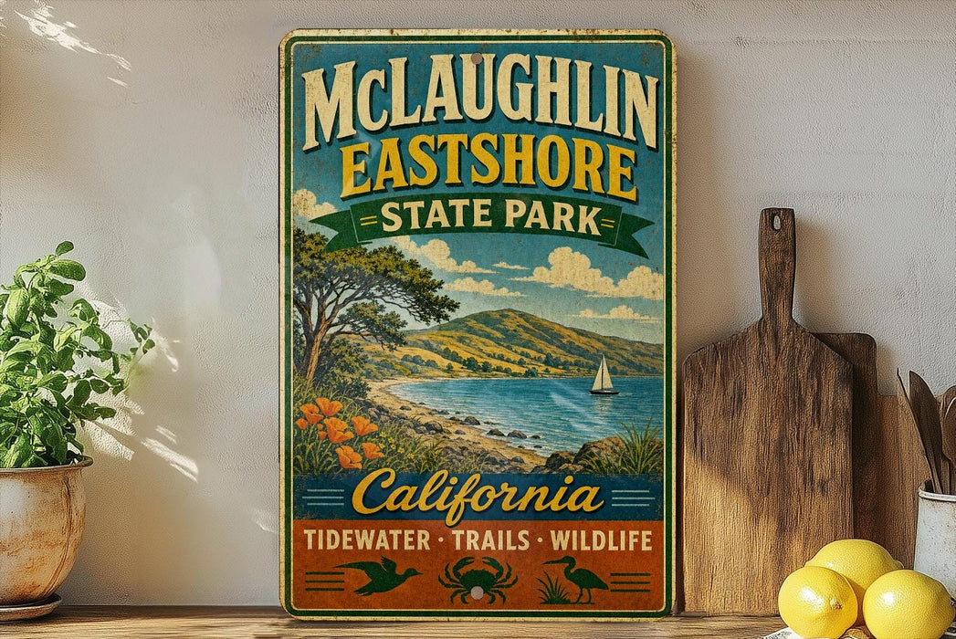 A vintage-style sign for McLaughlin Eastshore State Park, featuring a scenic landscape with a body of water, mountains, and a sailboat.