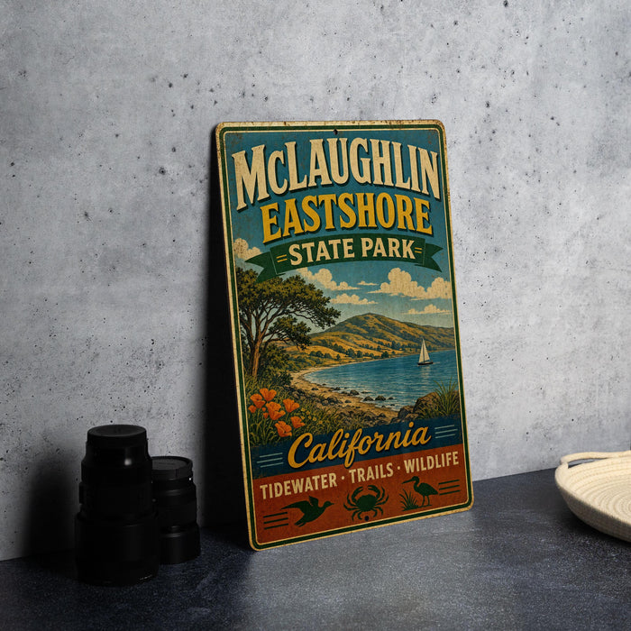 A vintage-style metal sign for McLaughlin Eastshore State Park, featuring a scenic landscape with a sailboat, mountains, and a beach.