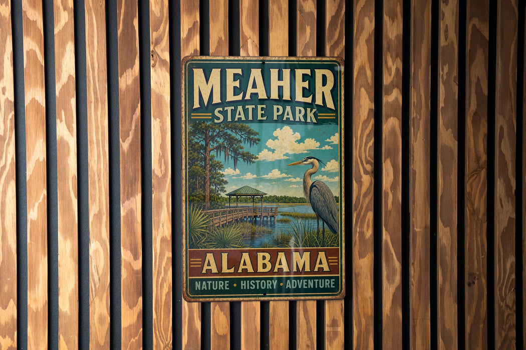 A vintage-style metal sign for Meacher State Park in Alabama, featuring a bird and a scenic landscape.