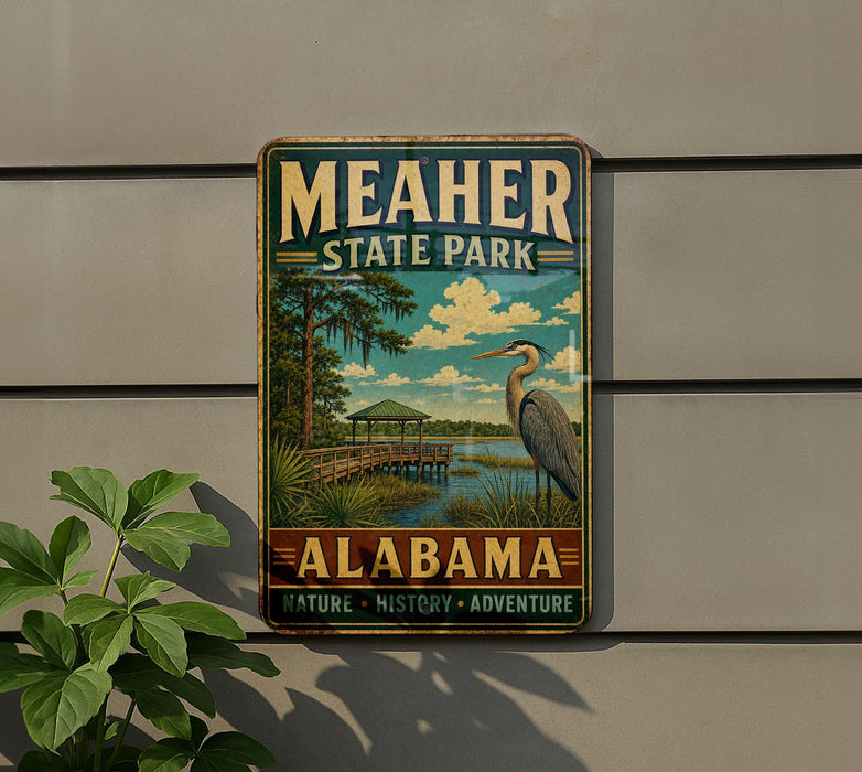 A vintage-style metal sign for Meacher State Park in Alabama, featuring a scenic illustration of a bird and a wooden dock.