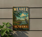 A vintage-style metal sign for Meacher State Park in Alabama, featuring a scenic illustration of a bird and a wooden dock.