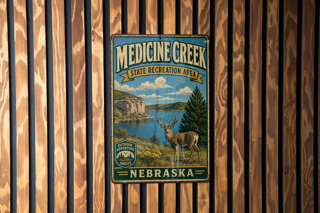 A metal sign with a scenic image of a deer in a wooded area, with a lake and mountains in the background, mounted on a wooden wall.