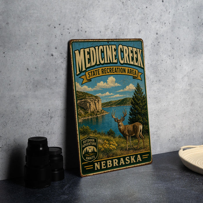 A vintage-style metal sign for Medicine Creek State Recreation Area in Nebraska, featuring a scenic landscape with a deer and a lake.