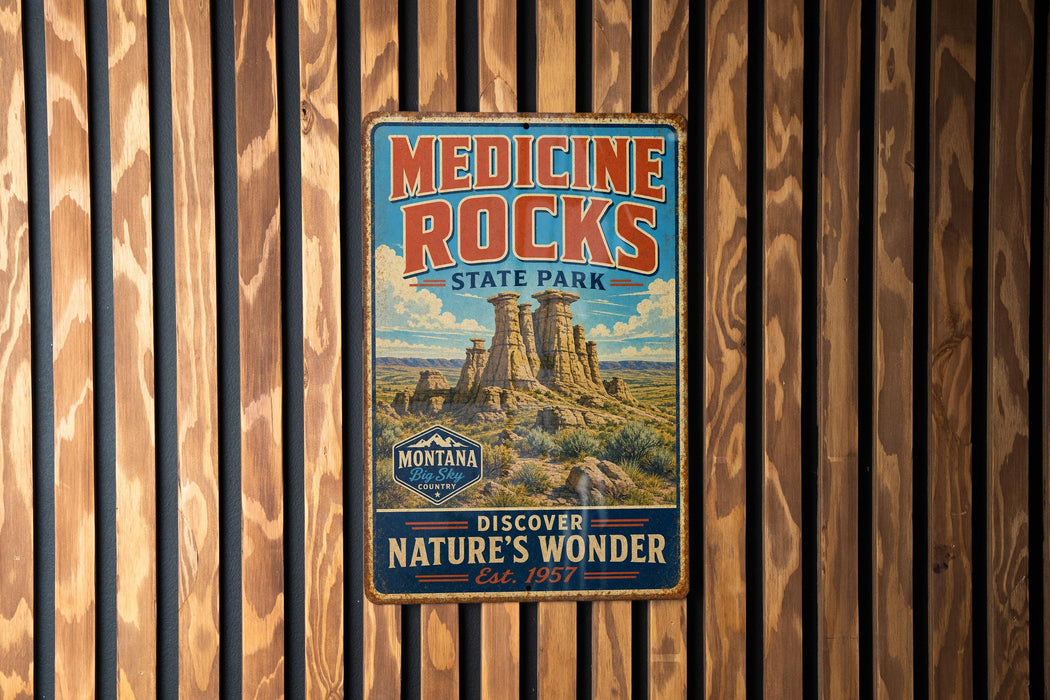 A vintage-style metal sign for Medicine Rocks State Park, featuring a scenic image of the park's rock formations and a mountain range.