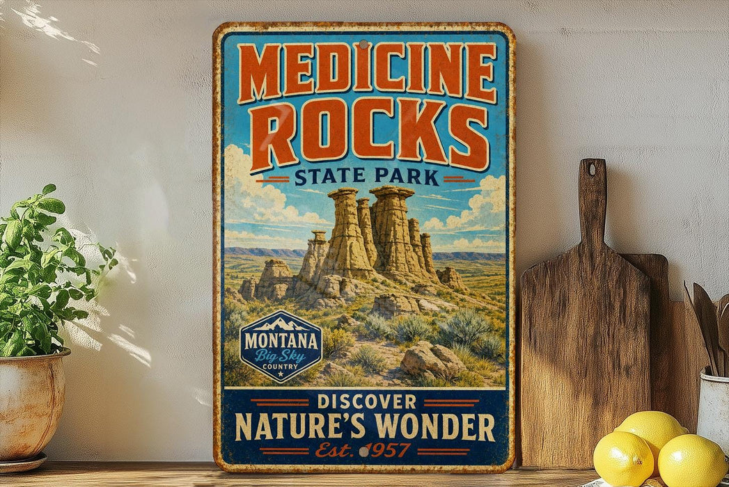 a vintage-style sign for Medicine Rocks State Park, with a desert landscape and rock formations depicted on it. The sign is displayed on a shelf next to a wooden cutting board and a potted plant.