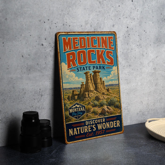 A vintage-style metal sign for Medicine Rocks State Park, featuring a scenic illustration of the rock formations and the text "Discover Nature's Wonder" and "Montana".